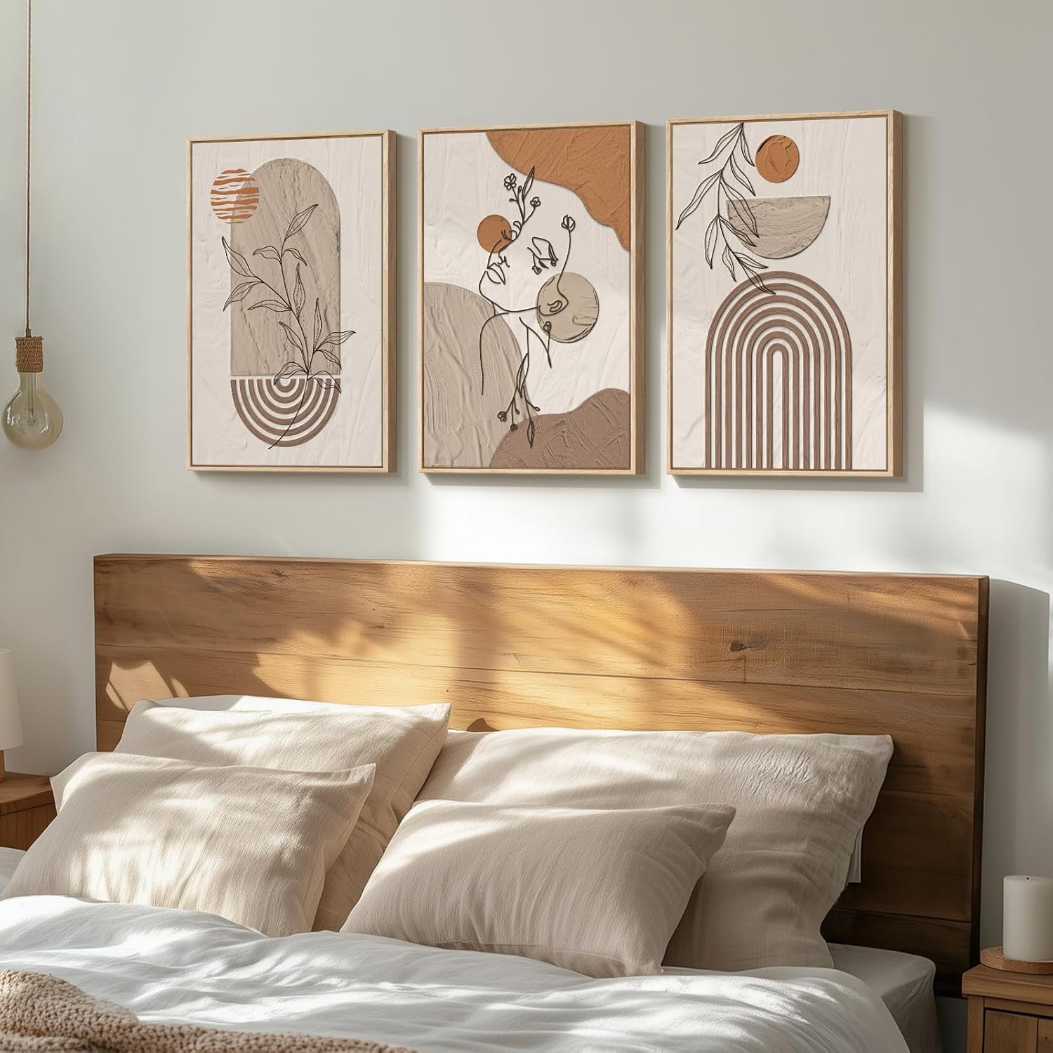 Neutral Framed Large Boho Canvas Wall Art, 3 Piece Bohemian Earth Tone Prints Paintings Artwork for Walls, Elegant Abstract Woman Face Pictures for Living Room, Bedroom, Office Wall Decor -16x24 Inch 16" W x 24" H x 3Pcs Boho-Neutral Women