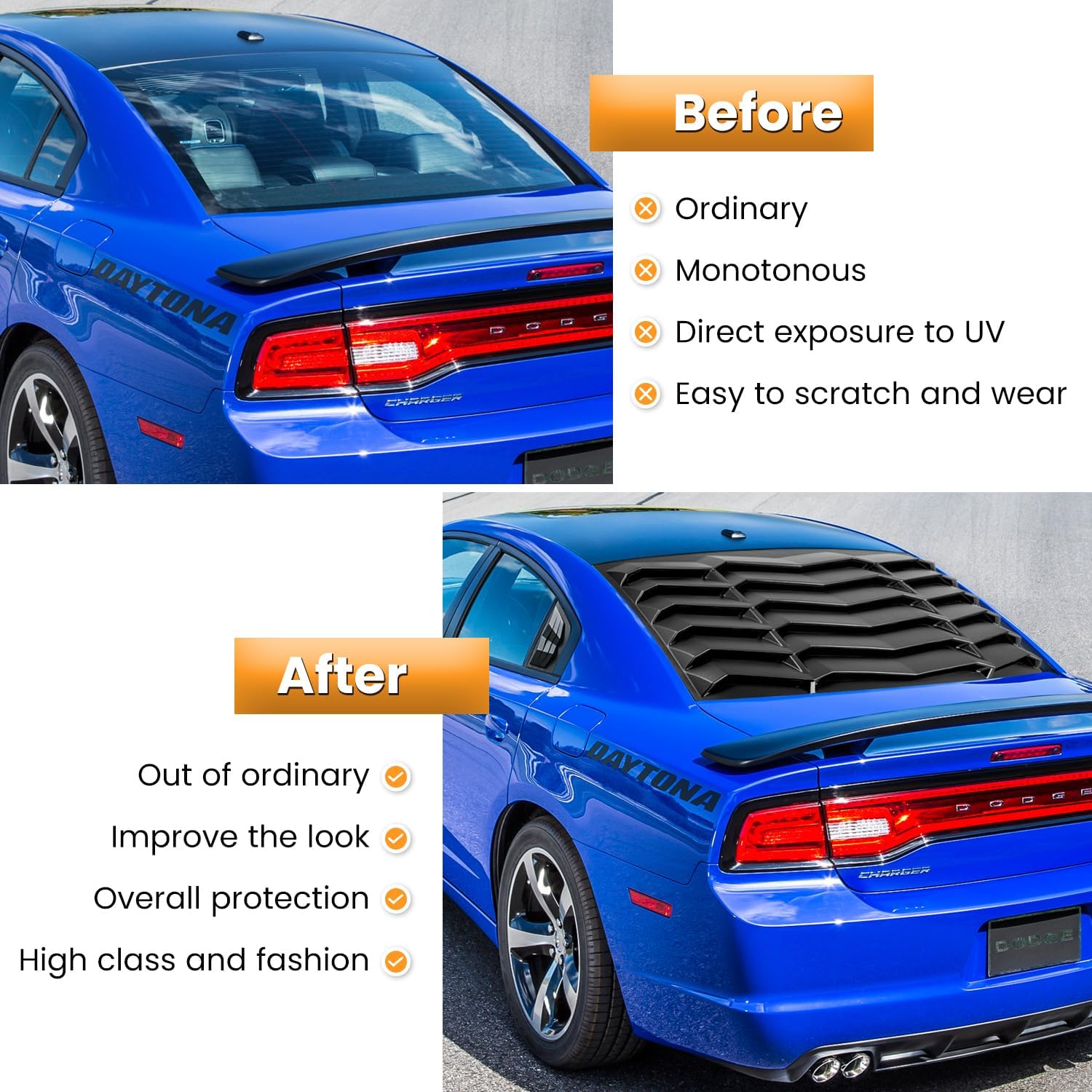 Rear+Side Window Louver for Dodge Charger 2011-2024 SXT GT R/T Scat Pack SRT Hellcat Widebody Redeye Daytona Windshield Sun Shade Cover GT Lambo Style Accessories All Weather ABS (Matte Black)