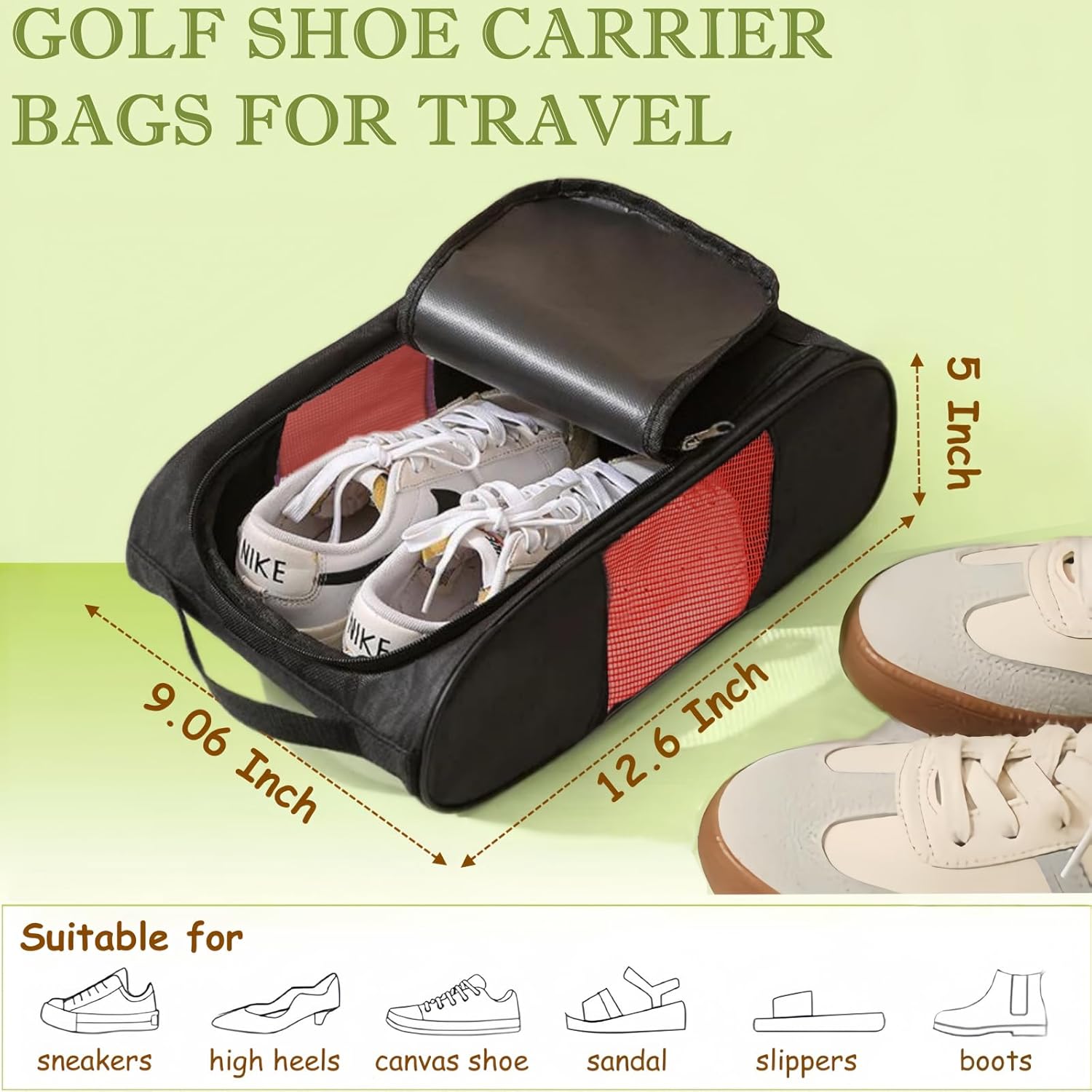 Golf Shoe Bag for Men Women, Mesh Shoe Bags for Travel, Water Proof Ventilation Golf Shoes Bag, Outdoor Shoe Carrier with Zippered and Handle (Black/Red -1 Pack) - Image 3