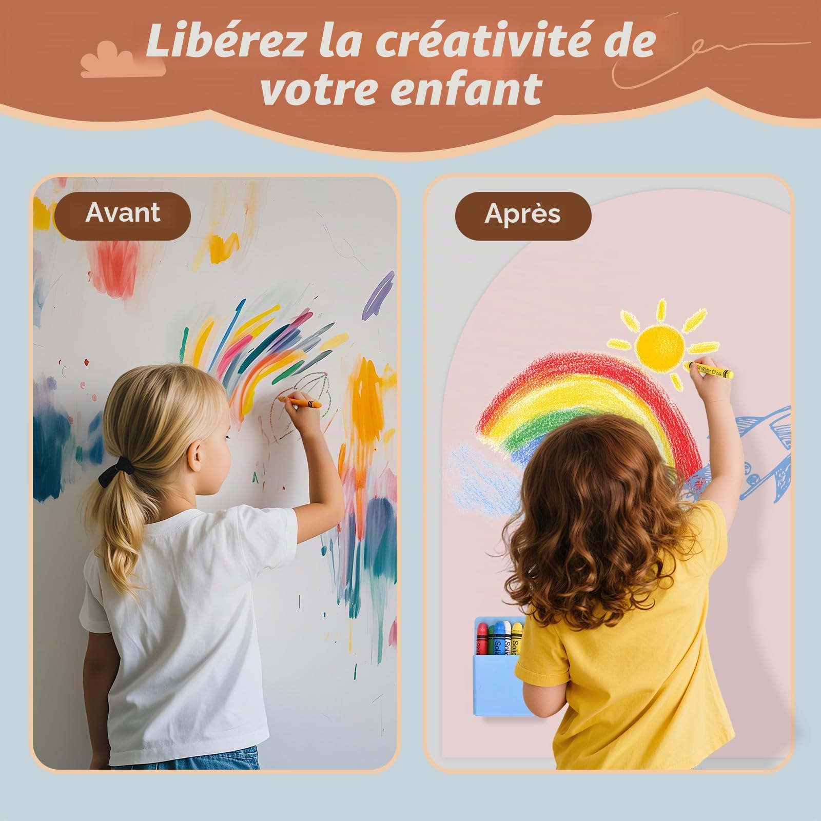 Tableau Magnétique Mural Enfant 80×100 cm - En forme d'arc - Avec couleurs pastel et craies - Tableau magnétique pour filles et garçons