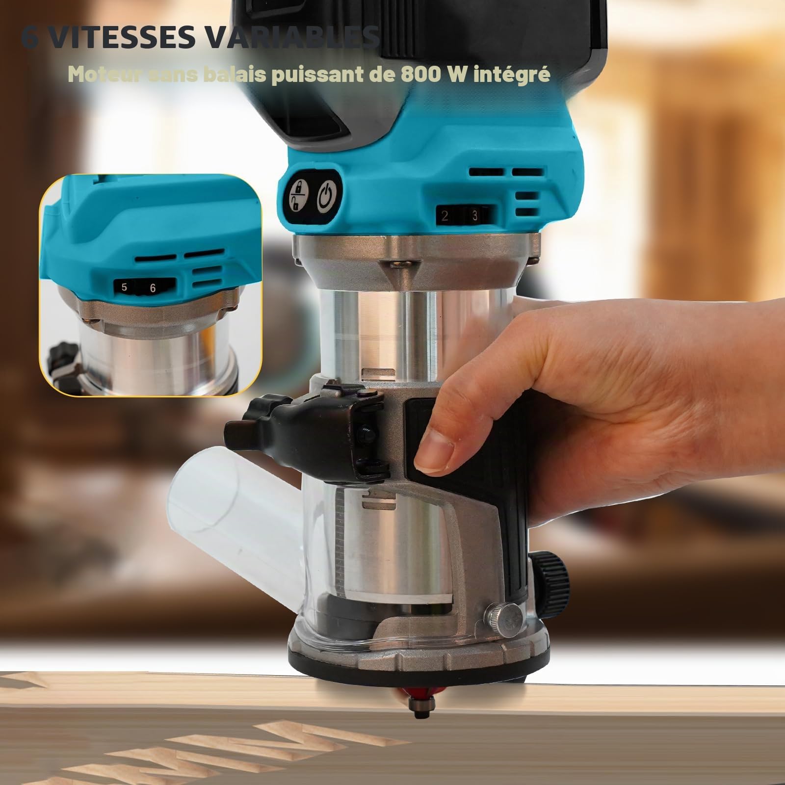 Routeur électrique sans fil compatible avec batterie Makita 18 V/20 V, coupe-bordure sans balais avec 6 vitesses, 800 W 30 000 tr/min, avec fraises de découpe, guide de bord et rouleau (bleu pour