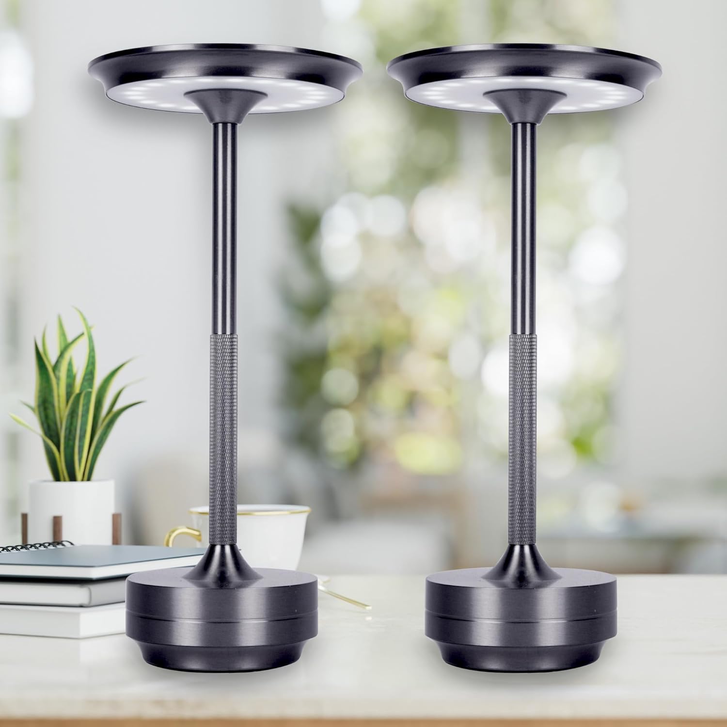 2 Pack Cordless Table Lamps Rechargeable, Portable Battery Operated Lamp, Stepless Dimming LED Table Light with Memory Function, for Outdoor/Dinner/Patio/Restaurant - Gun Metal
