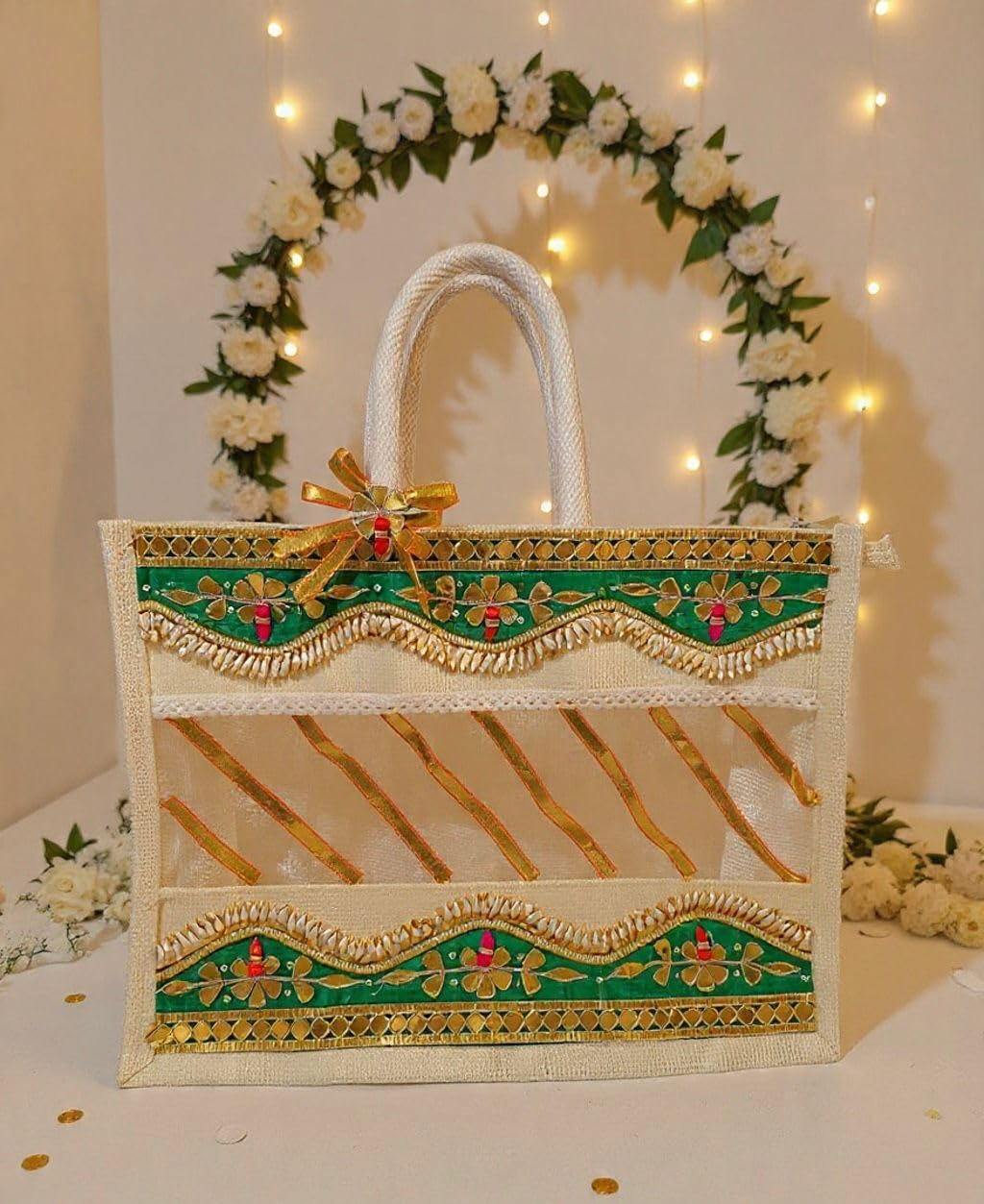 Golden Gota patti premium jute bag Ethnic wedding return gift bag Festive hampers (Diwali,Eid,Christmas-image-7