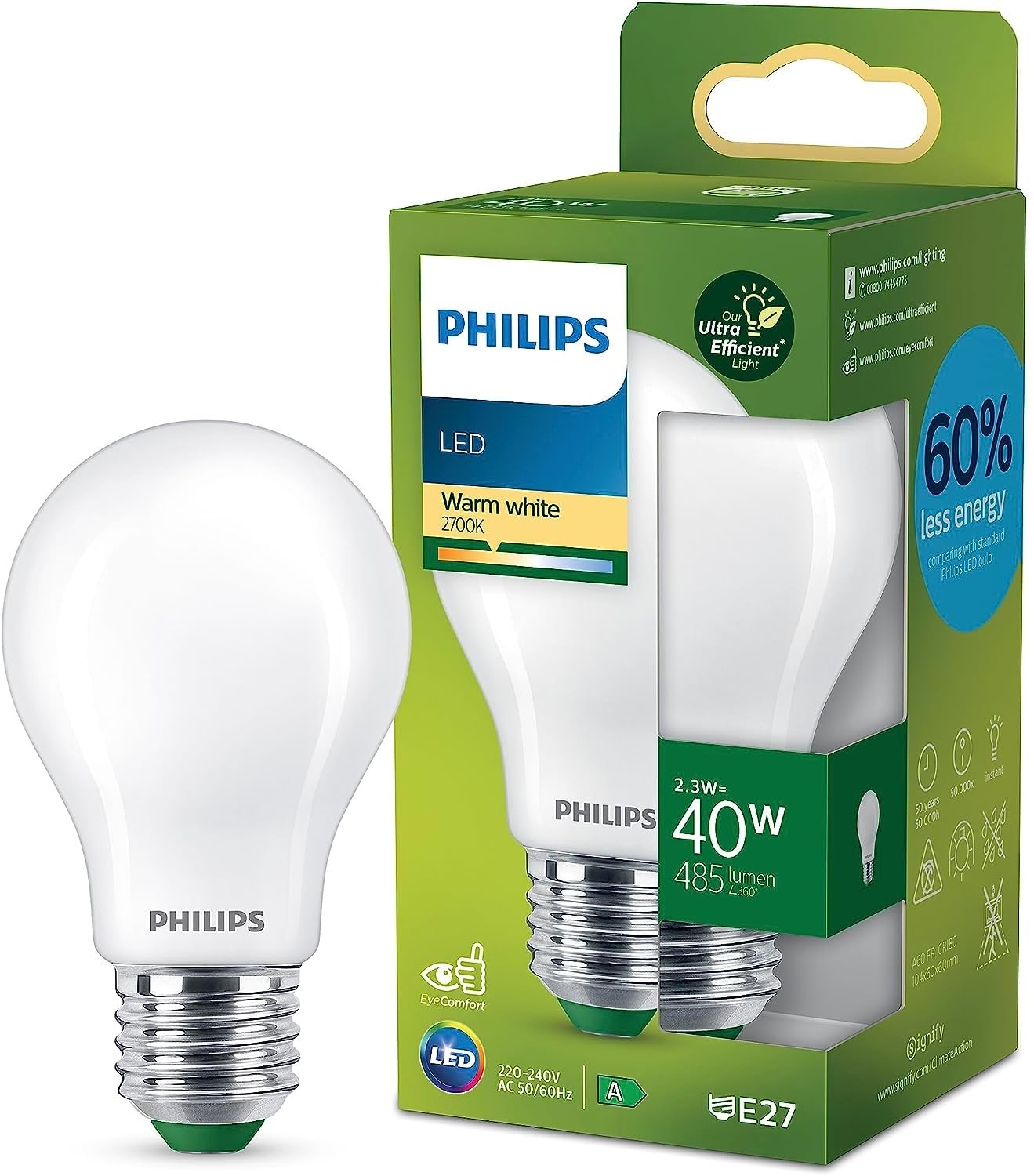 Philips Ultra Efficient - Ultra energy saving lights, E27 LED light source, 40W, A60, warm white, pack of 1, frosted