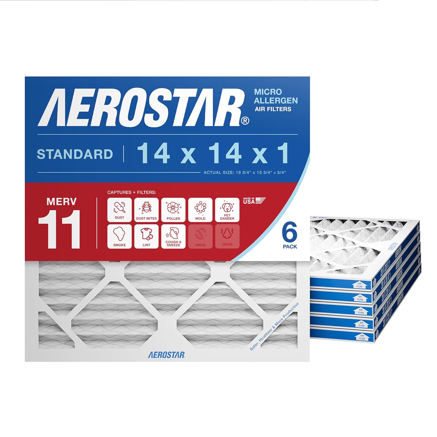 Aerostar 14x14x1 MERV 11 Air Filter, 6 Count, ACTUAL SIZE (13.75 x 13.75 x 0.75), HVAC, Air Conditioning & Furnace Filter for Dust, Pet Dander, Smoke & Allergies (MPR 1200 / FPR 7), Made in USA