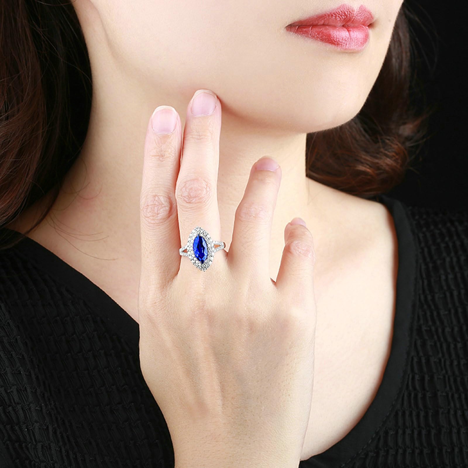 Anelli Donna in Argento 925, Anello Donna Fidanzamento Lusso Brillante Halo Zaffiro Blu Sintetico da 2.12ct e Moissanite da 0.86ct Anello per Fidanzata, Sposa Argento
