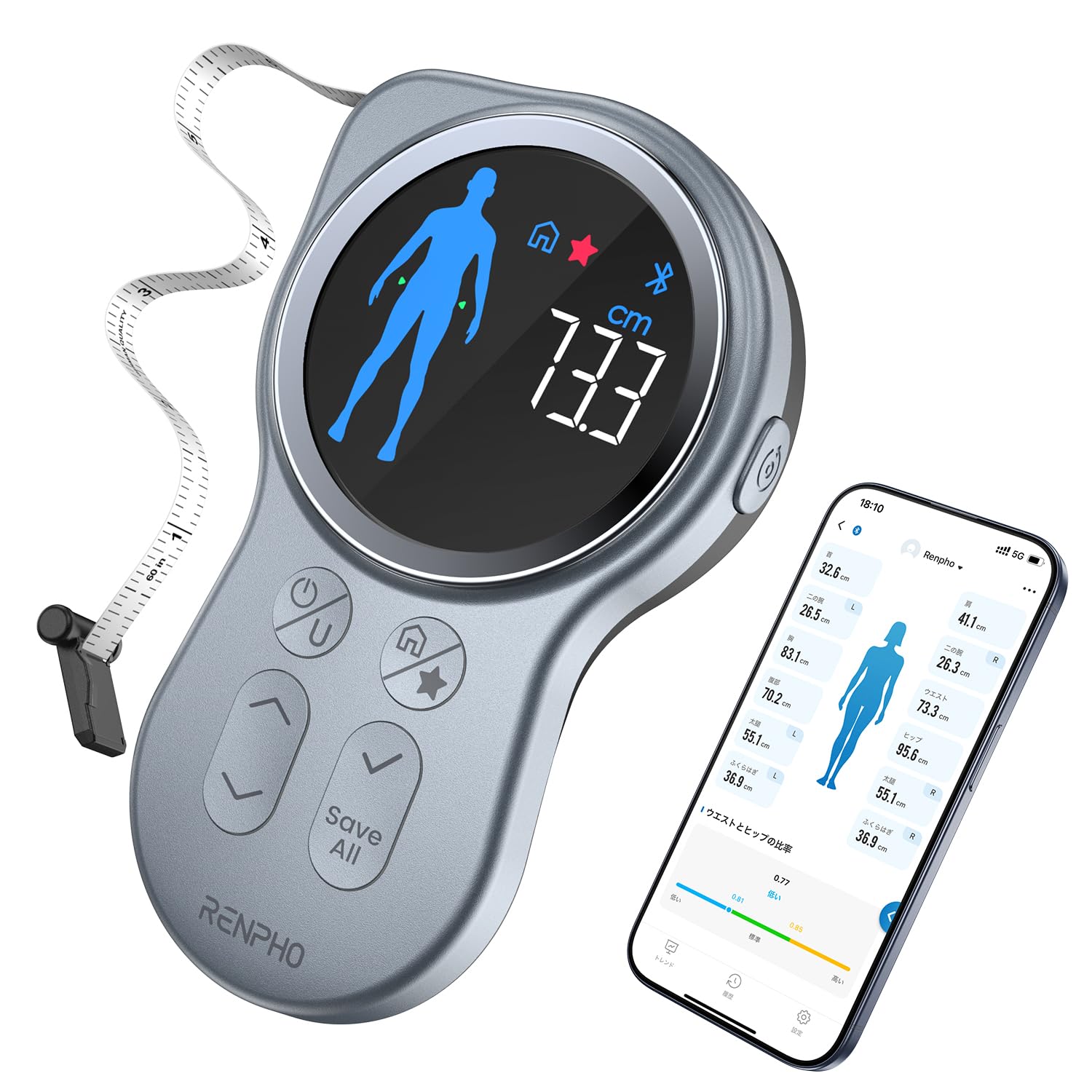 スマホ連動 身体測定デジタル家電メジャー Amazon | RENPHO スマートボディメジャー 大型スクリーン付き 巻き尺