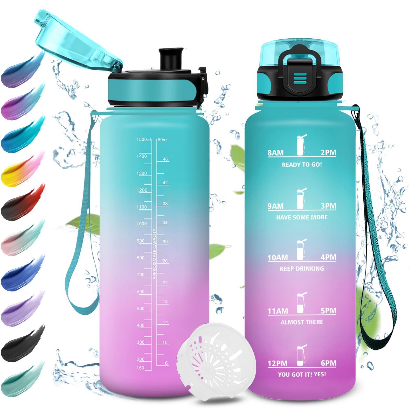 KollyKolla 1.5L Gym Water Bottle with Filter Easy Open Reusable Sports Bottle with Motivational Time Indicator for Gym Camping Travel