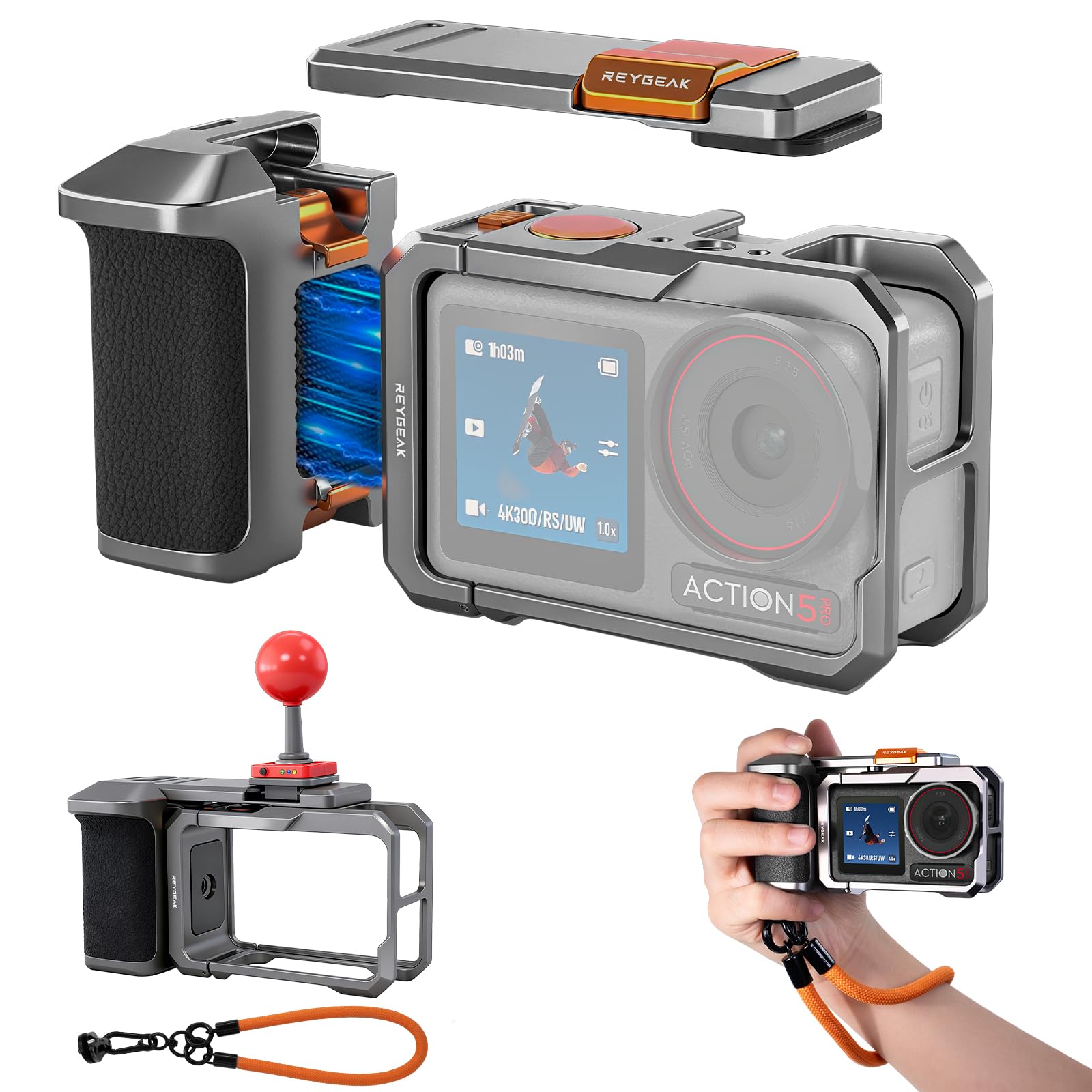 REYGEAK Uchwyt magnetyczny do kamery ulicznej do DJI Osmo Action 5 Pro/Action 4/Action 3, w całości z aluminium CNC rzeźbiony zestaw uchwytów do Osmo Action (tytanowy szary + pomarańczowy)