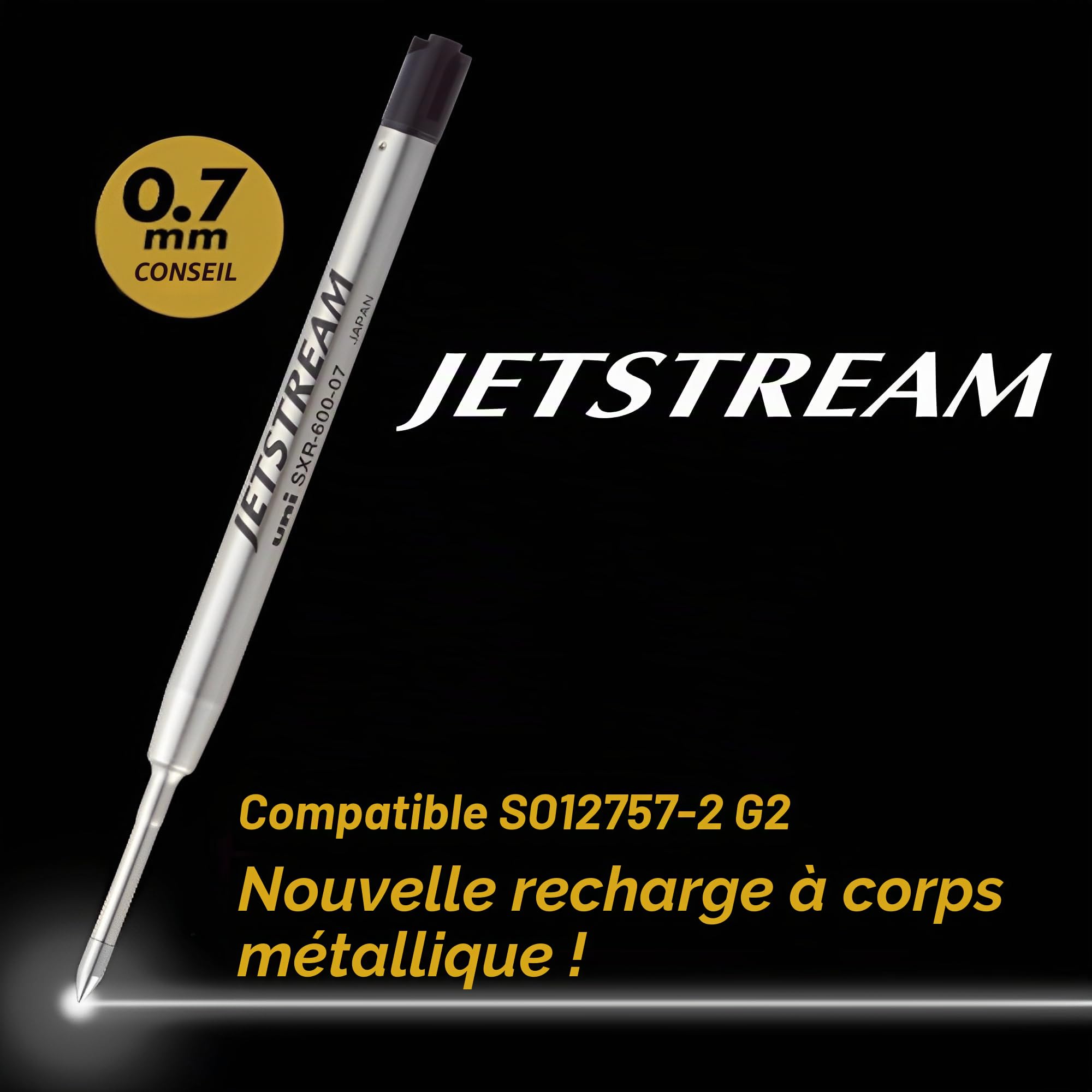 Uni Jetstream Prime Lot de 3 recharges d'encre SXR-600-07, pointe moyenne de 0,7 mm, encre noire à base d'huile, corps en métal, lot de 3