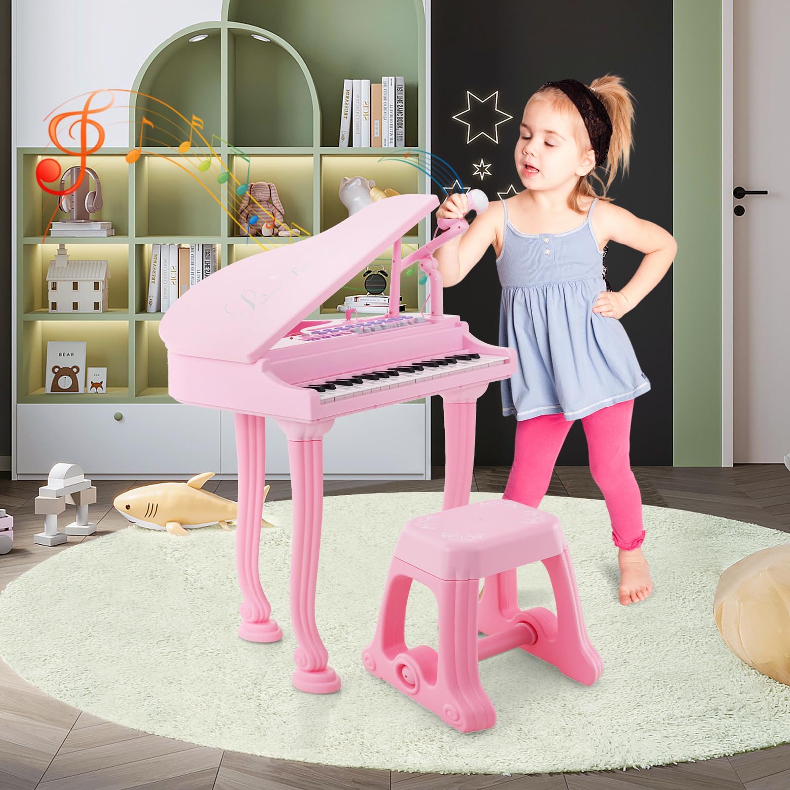 COSTWAY Kinder Keyboard mit 37 Tasten & Hocker, elektronische Klaviertastatur tragbar mit Mikrofon, LED-Lehrmodus, Aufnahme- & Wiedergabefunktion, Musikinstrument für Kinder ab 3 Jahre (Rosa)