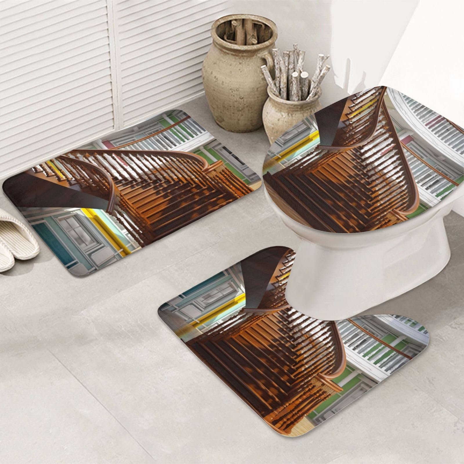 Tapis de salle de bain absorbants en U lot de 3 antidérapants motif escaliers