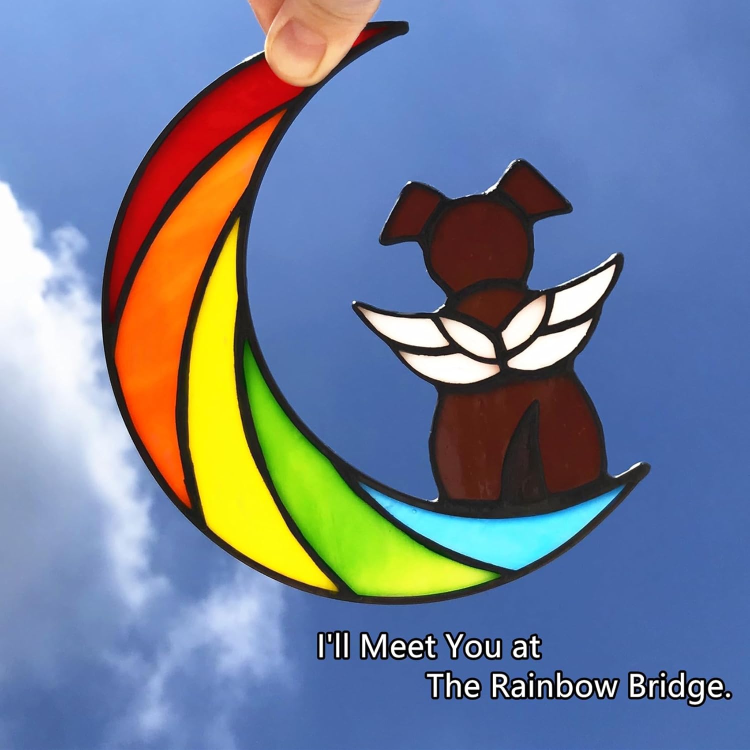 Stained Glass Rainbow Bridge Brown Dog Memorial Gifts for Loss of Dog Sympathy Remembrance Suncatcher, Thoughtful Pet Loss Bereavement Gifts in Memory of Pet Passing Away Window Hanging. - Image 2