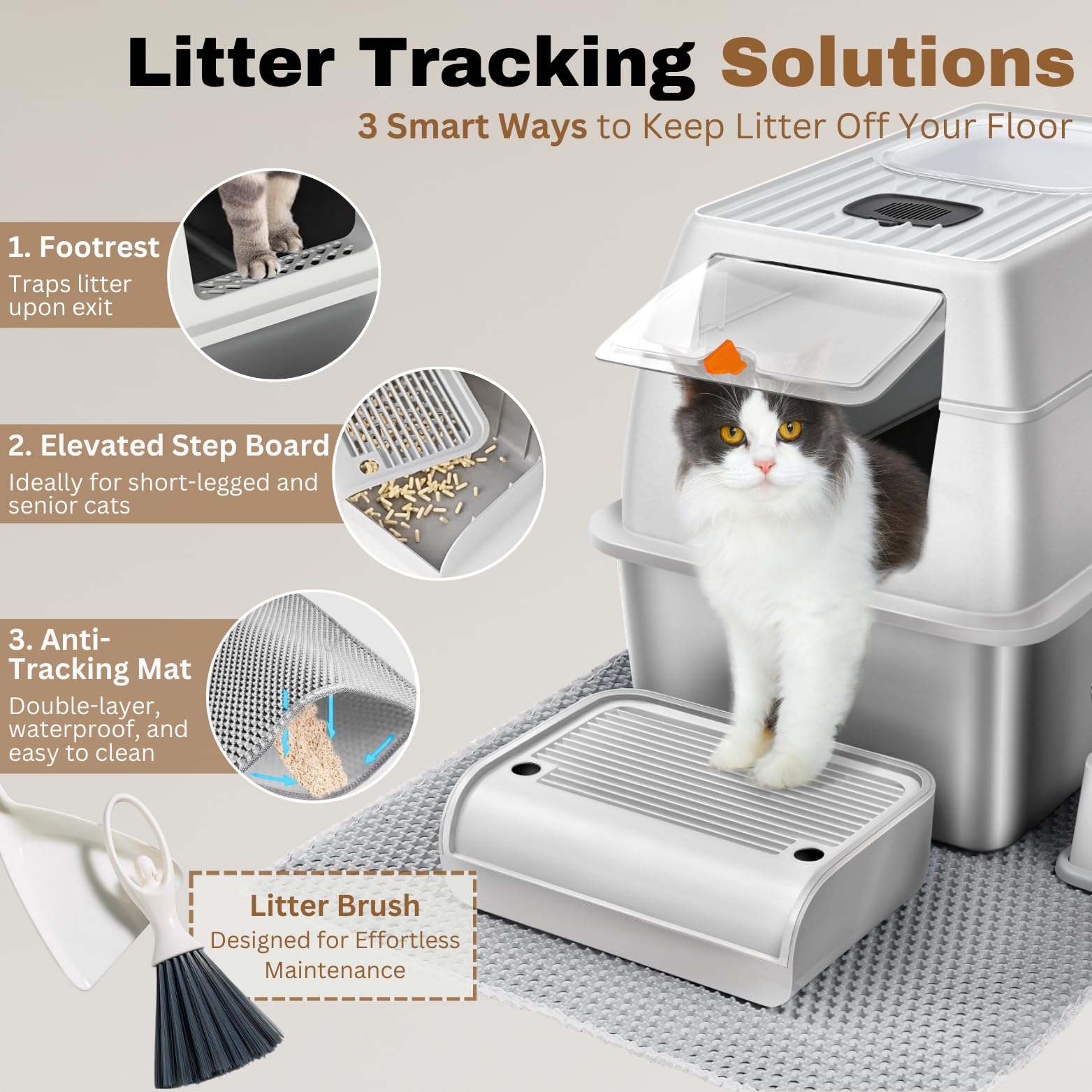 Fully Enclosed XXL Stainlessss Steel Litter Box with Lid, 8" Deep Pan, Large Stainless Steel Cat Litter Box for Big Cat with Scoop, Step Board, Mat, Brush, Odor-Free, Anti-Leak, Non-Stick (Light Gray) - image 6