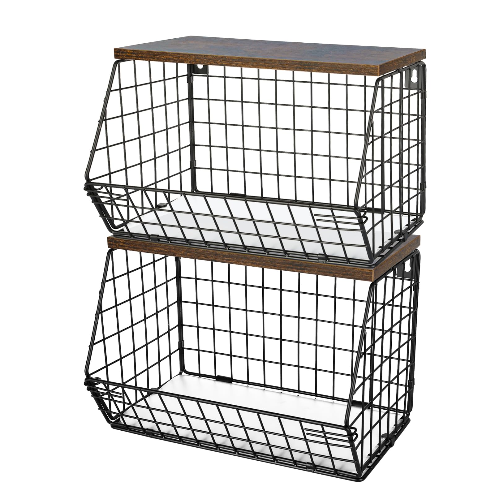 Cesta de frutas de pared con tapa de madera, cesta de almacenamiento para frutas y verduras de 30 x 20 x 21 cm (2 piezas), color negro