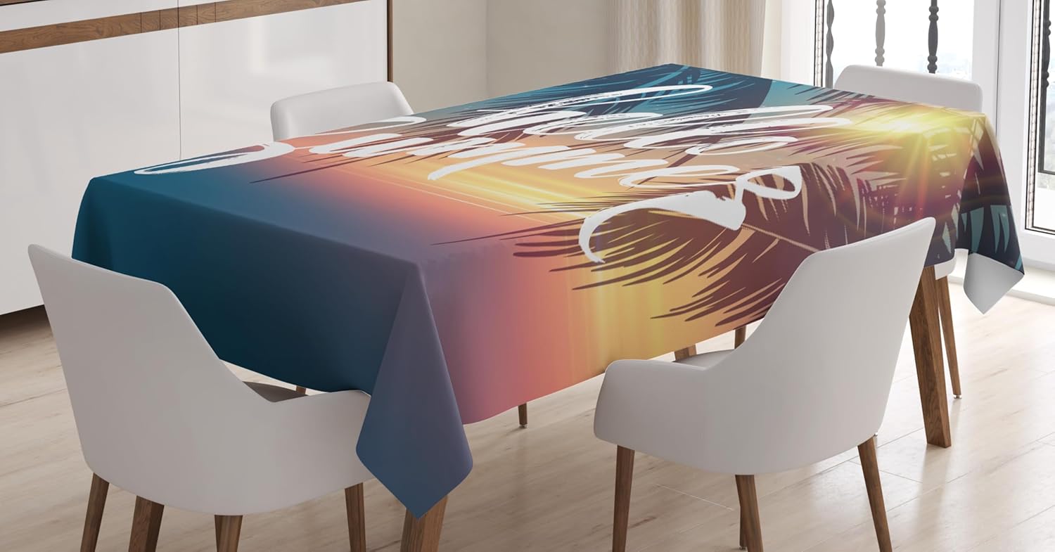 Ambesonne Palm Tree Tablecloth, Hello Summer Design a Tropic Paradise Beach and The Sunshine Pattern Print, Rectangular Table Cover for Dining Room Kitchen Decor, 52" X 70", Orange Blue