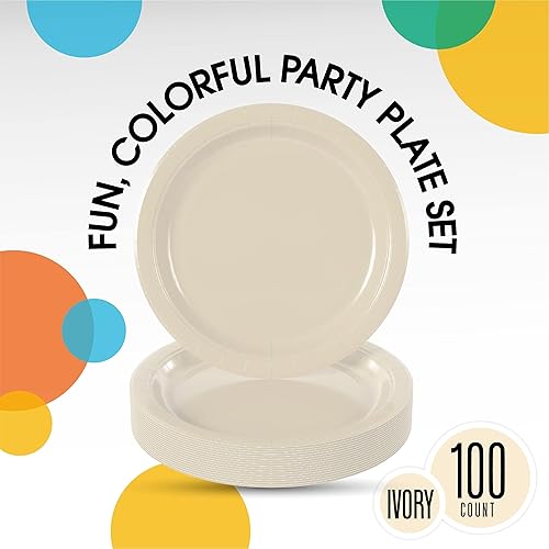 Miniatura 2 de Exquisite Party Solids - Platos desechables de papel marfil de 9 pulgadas, platos desechables de color marfil para fiestas, 100 unidades, 350 GSM,