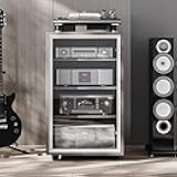 Grufle Media Storage Cabinet, Audio Video Media Stand Cabine with 3 Height-Adjustable Shelves, AV Cabinet Audio Rack with Glass Door and Cable Management for Living, Gaming, Recording Room