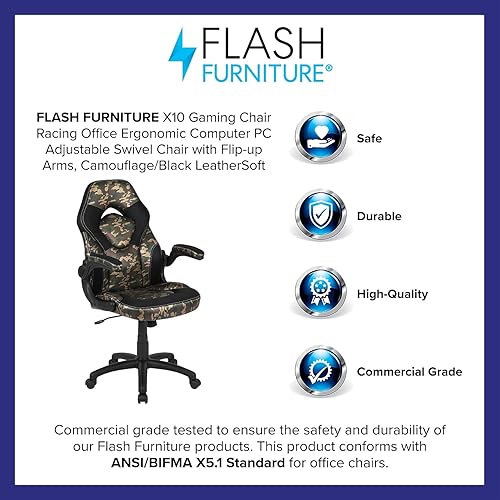 Miniatura 4 de Flash Furniture X10 Gaming Chair Racing Office Ergonomic Computer PC Adjustable Swivel Chair with Flip-up Arms, Camouflage/Black LeatherSoft