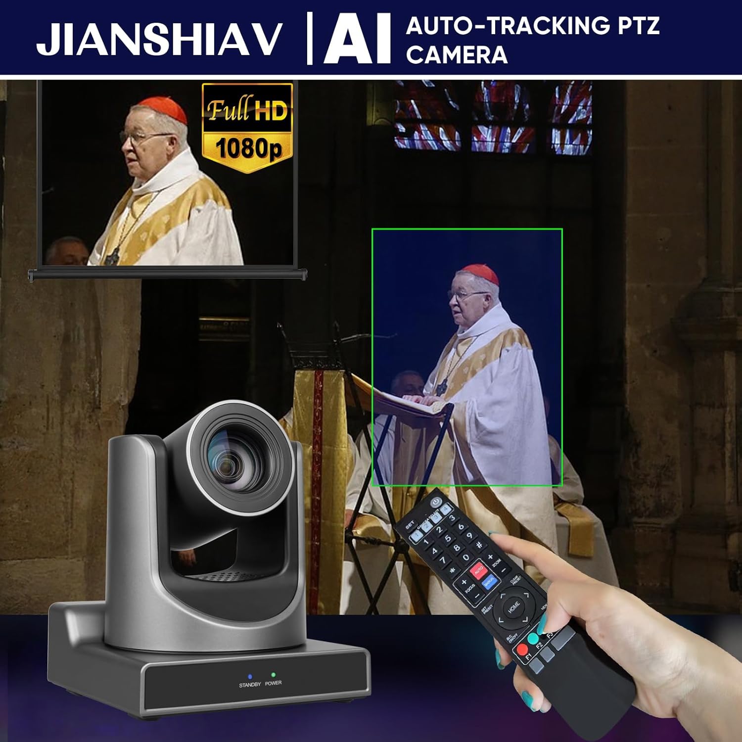 1080P 60fps NDI PTZ Camera, AI Auto-Tracking, 20x Optical Zoom, True to Life Colors, POE, HDMI,USB,SDI,IP Camera for Church Services Worship Education VMiX OBS (JSV60XL