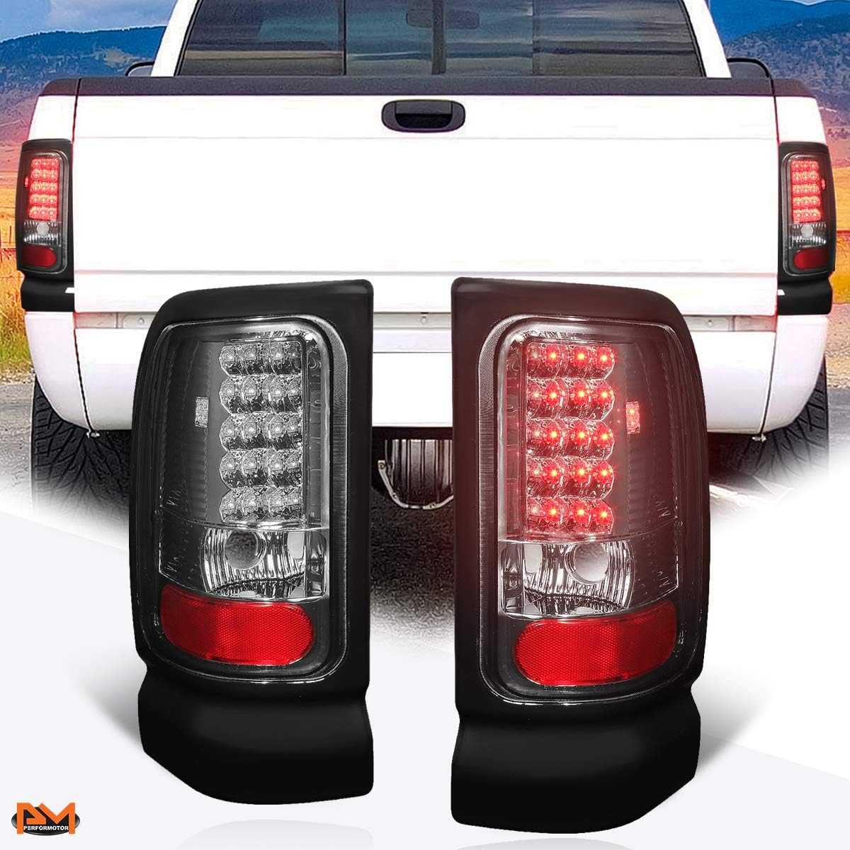 PM PERFORMOTOR Full LED Tail Lights Brake Lamps Assembly Compatible with 94-02 Dodge Ram,Chrome Housing