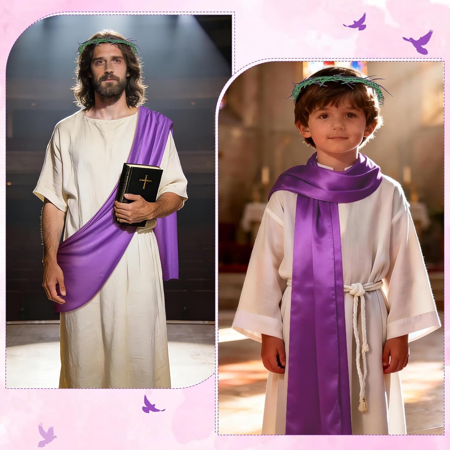 Crown of Thorns with Purple Fabric, Christian Jesus 8'' Crown of Thorns Wreath and Purple Cloth, Wearable Theatrical Props for Lent, Good Friday, Church Play Decor, Easter Pageant Keepsake