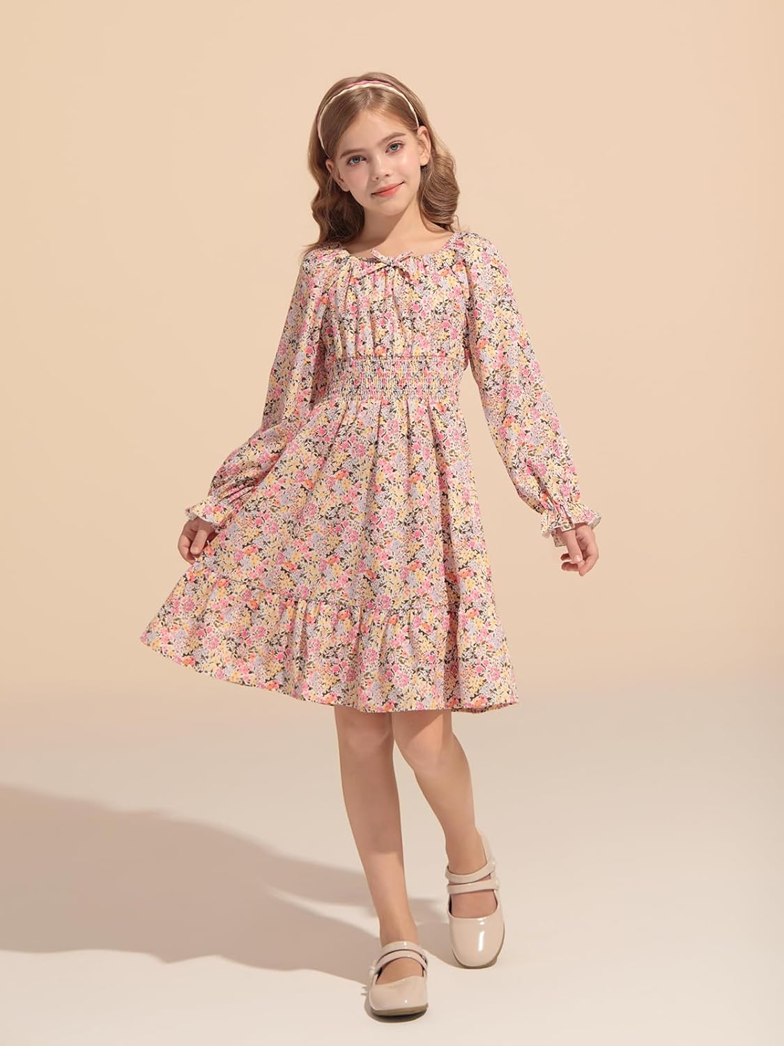 Haloumoning Girls Fall Long Sleeve Floral Dresses Kids Square Neck Smocked Holiday Party Dress 5-14 Years - Image 2