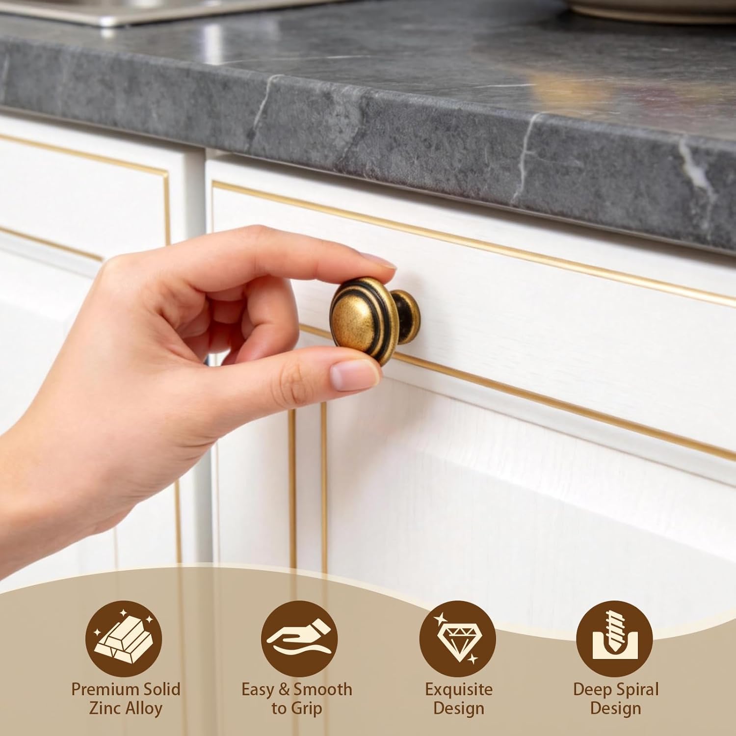 Antique Brass Dresser Drawer Knobs 12 Pack, Solid Kitchen Cabinet Knobs, Stepped Round Cupboard Handle Pulls, Diameter: 1.32 Inch(33.5mm)