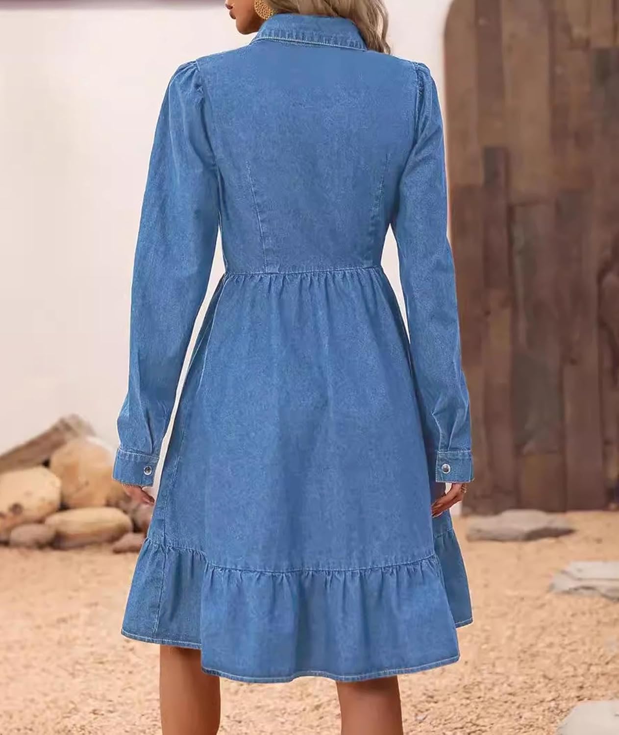 Sexyshine Women's Button Down Denim Dress Puff Long Sleeve Lapel Collar High Waist A Line Swing Ruffle Jeans Midi Dress - Image 5