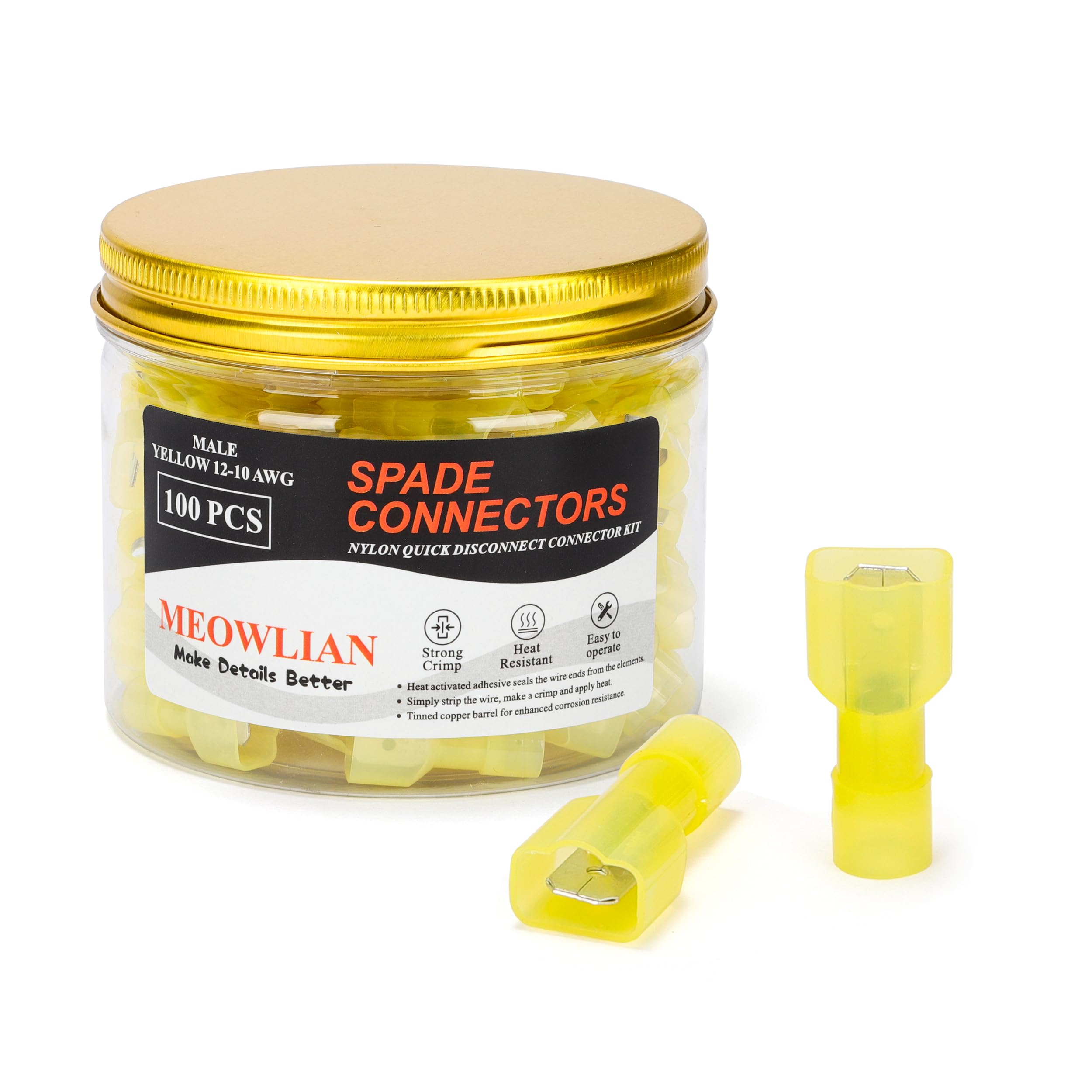 Meowlian 100PCS 12-10 AWG Male Nylon Spade Connector Yellow Electrical Quick Disconnect Wire Connectors Kit - Tinned Copper Wire Spade Terminals