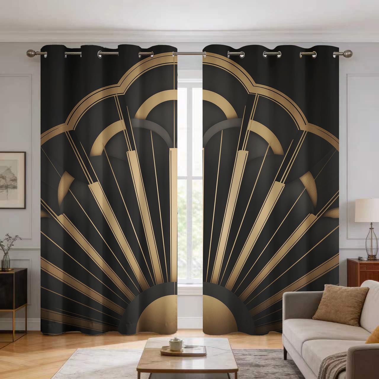 Rideau motif art déco noir or de qualité supérieure avec oeillets pour chambre élégante b45