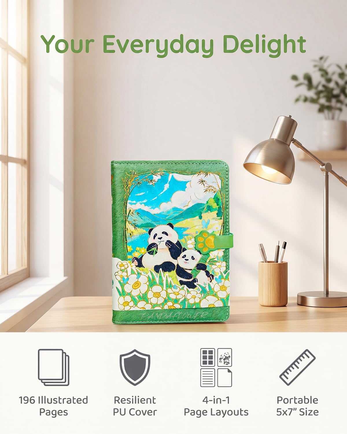 Green Cute Panda Floral B6 Planner, Green, 5x7 Inches image 2