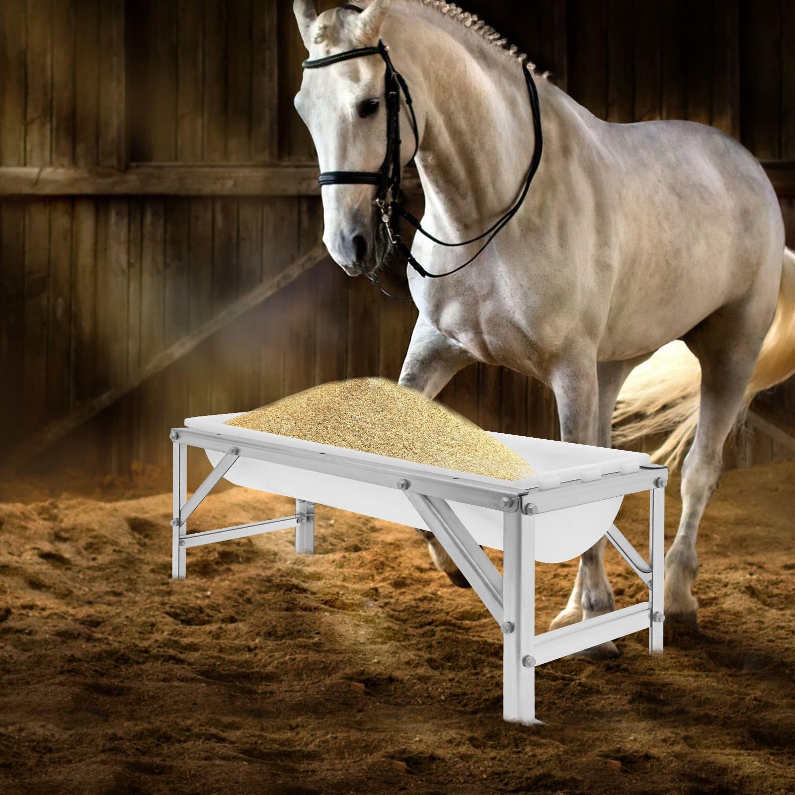 Comedero para Ganado con Soporte metálico de 99 cm de Largo y Gran Capacidad para corderos, Potros, terneros, ovejas, Caballos, Alpacas y Cabras en la Granja (Plateado + Blanco).