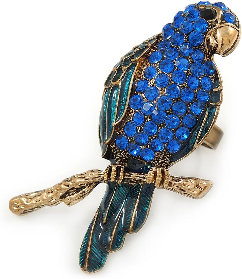 Avalaya Large Sapphire Blue Crystal, Teal Enamel Parrot Bird Ring in Antique Gold Metal - 60mm L - 7/8 Size Adjustable
