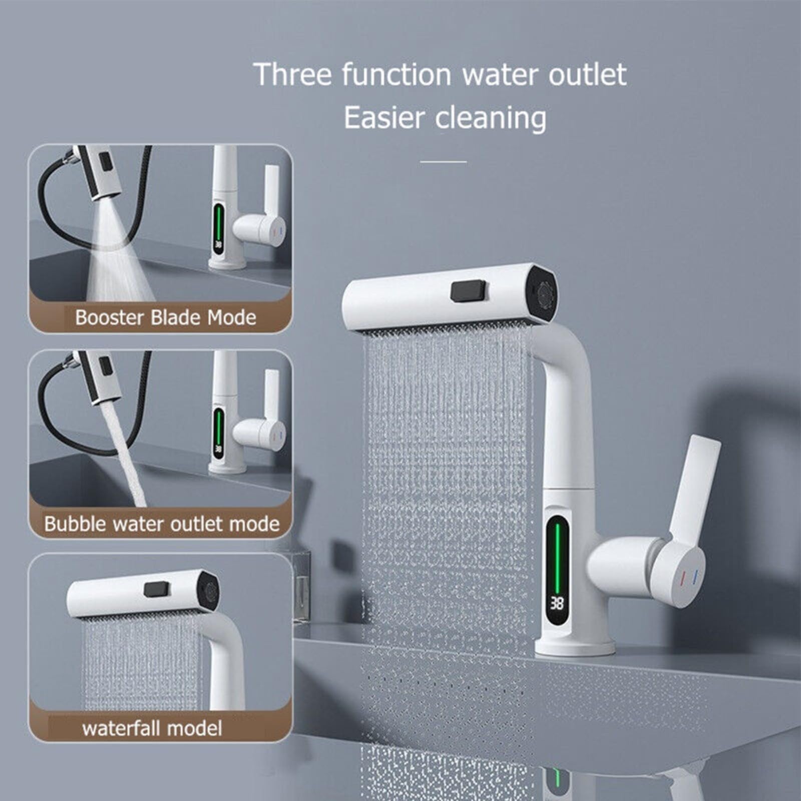 Grifo de cocina extraíble con sensor de temperatura giratorio de 360 grados, grifo mezclador de latón para baño, lavandería, RV, blanco (blanco)