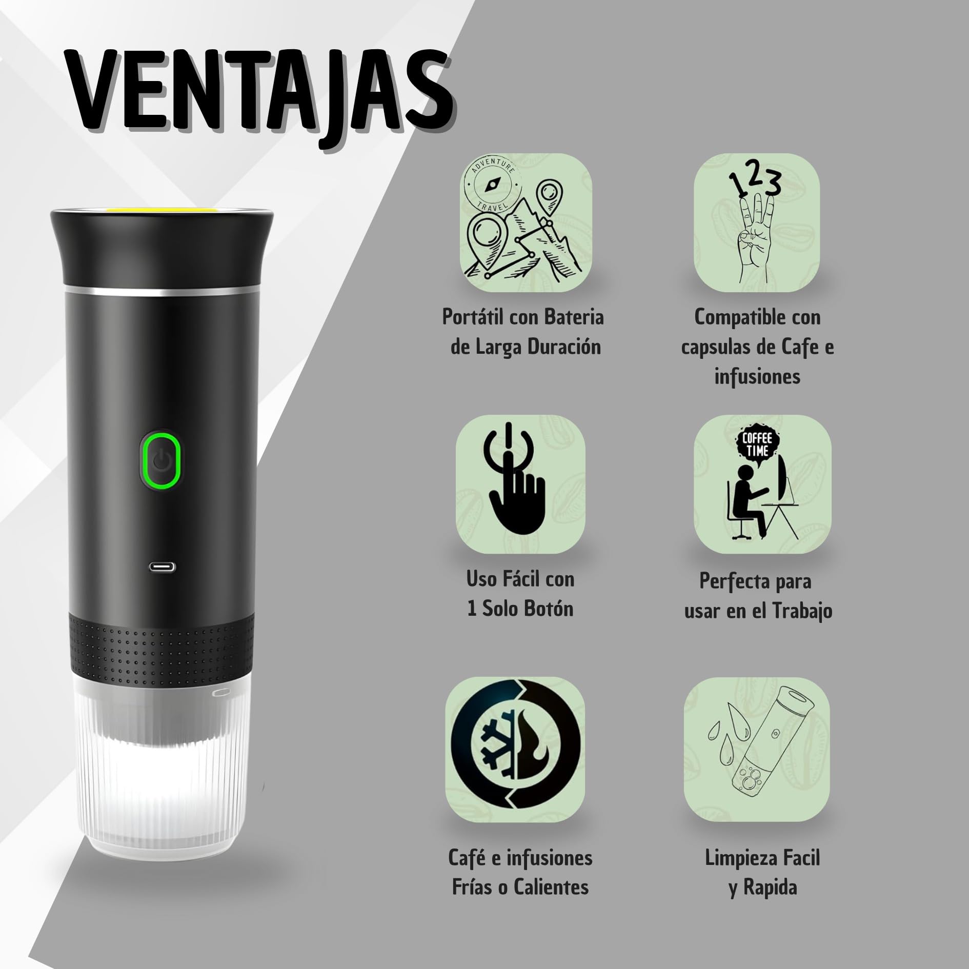 Cafetera Portátil 3 en 1 Compatible con Cápsulas Originales Ness-preso, Dolce-Gusto y Café Molido – Mini Máquina de Café Eléctrica con Calienta Agua –Capsulas Grande y Pequeña