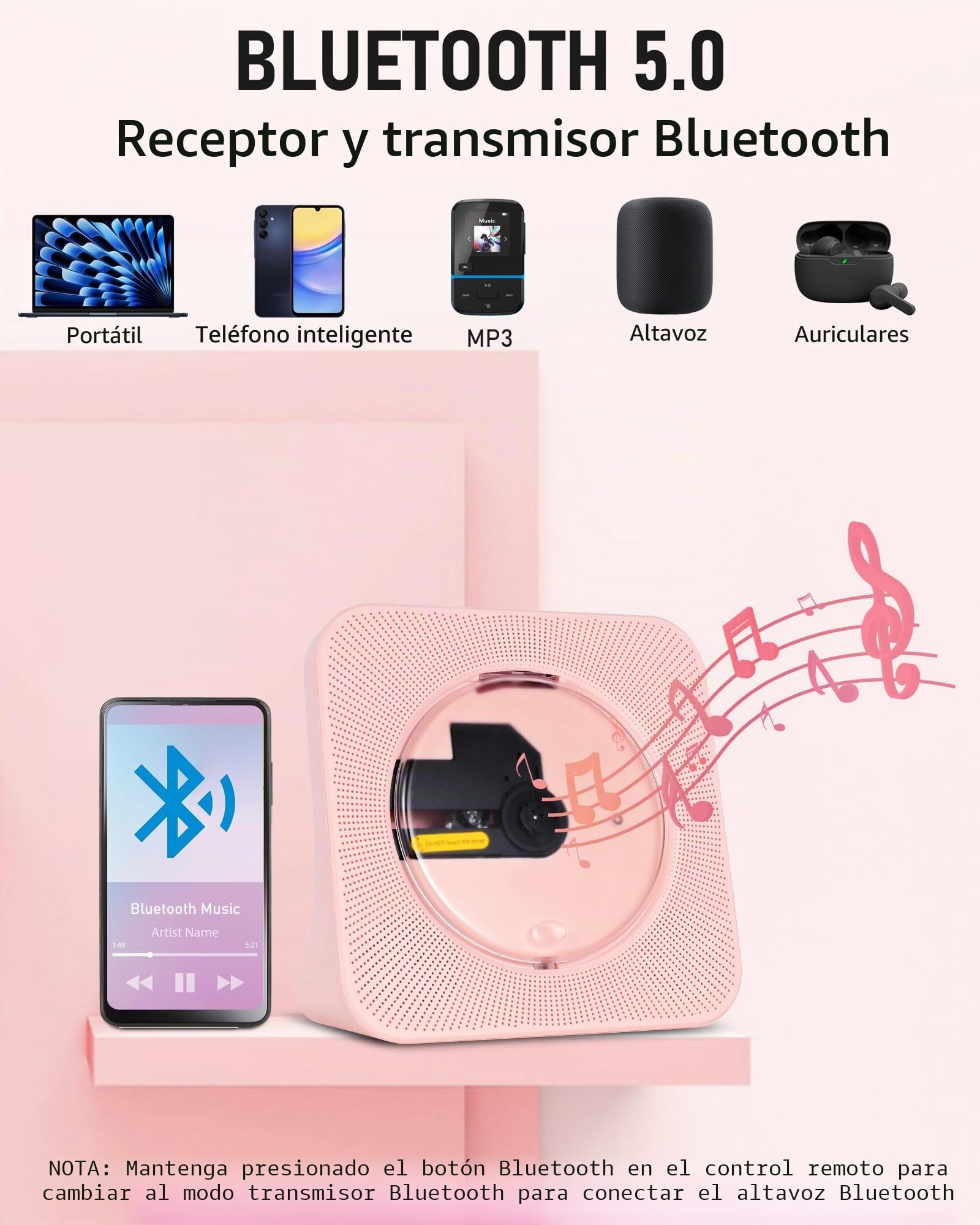 Reproductor de CD Rosa, Radio Reproductor de CD HiFi, CDs Player Bluetooth, USB, Entrada/Salida AUX, Reproductors CDs con Control Remoto