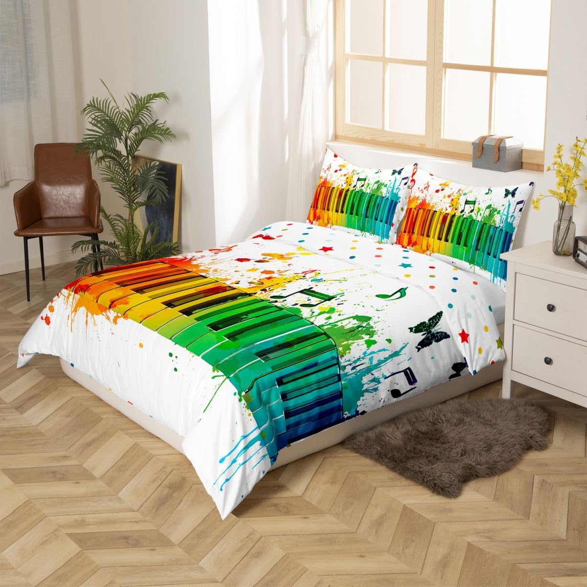 Erosebridal Musical Notes Duvet Cover Twin Size,Rainbow Piano Keys Bedding Set for Girls Teens Women,Jazz Music Theme Comforter Cover,Colorful Tie Dye Bedding Quilt Cover with 1 Pillow Case