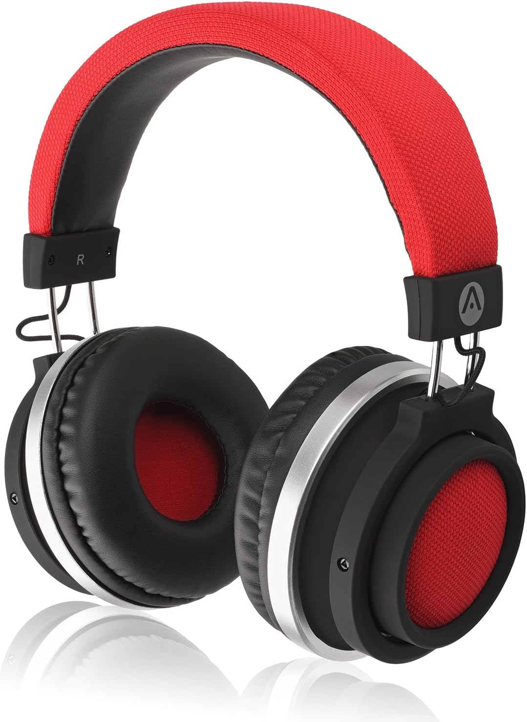 Audiomate BT980 Stereo HD Audio Bluetooth Wireless Over-Ear Headphones Built-in Microphone Hidden Remote Controls XL Ear Cups TruBass Enhancement - Red