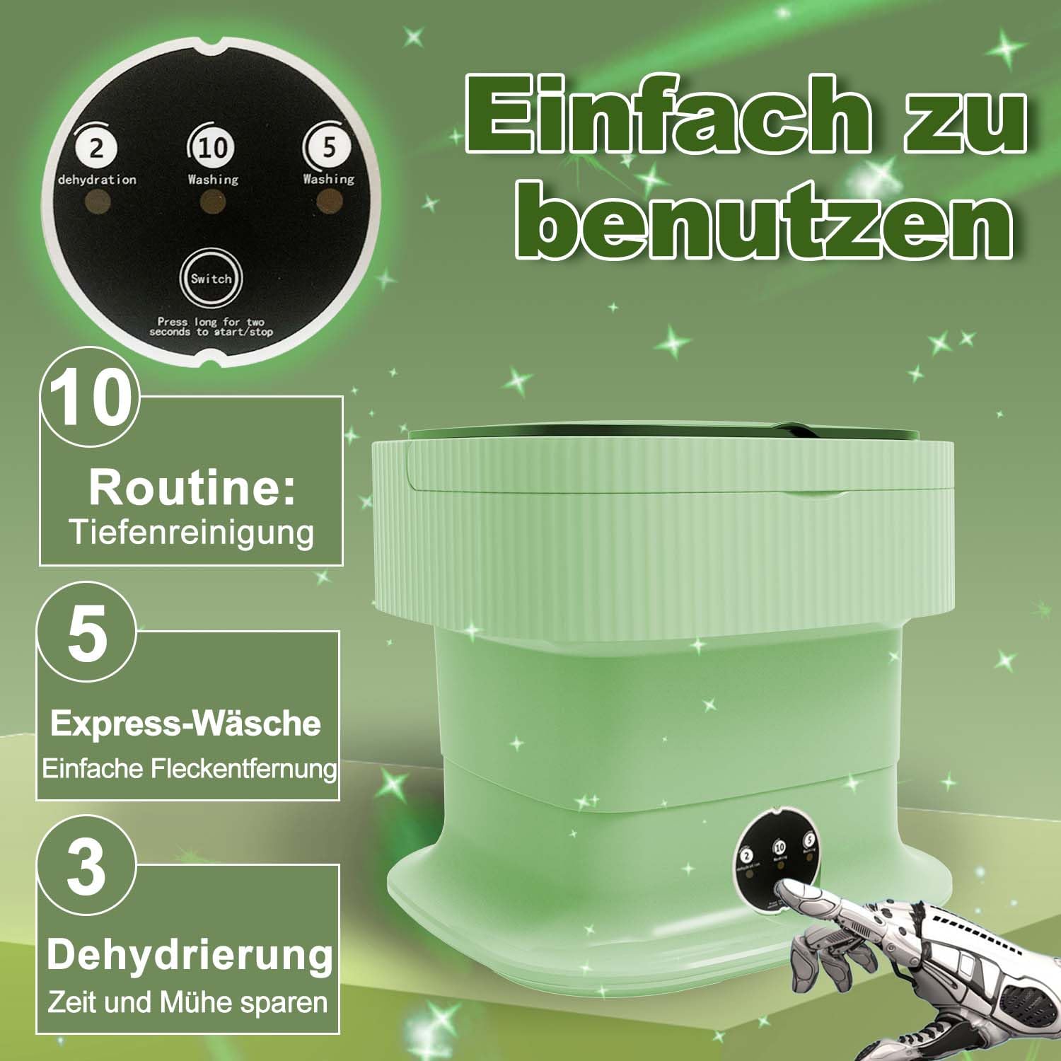 Składana mini pralka, 13 l, ulepszona, przenośna pralka z 3 trybami, mini pralka 1,8 kg, głębokie czyszczenie bielizny, odzieży dla niemowląt, małych ubrań do mieszkania, hotelu, zielona