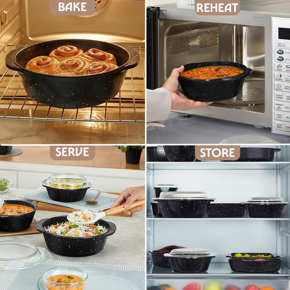 Borosil 700ml Pebble Black Round Deep Casserole with Lid | Borosilicate Glass Bakeware & Serveware Bowl with Flat Lid | Microwave, Dishawasher & Oven Safe Multipurpose Bowl for Mixing Dough, Salad, Batter 4