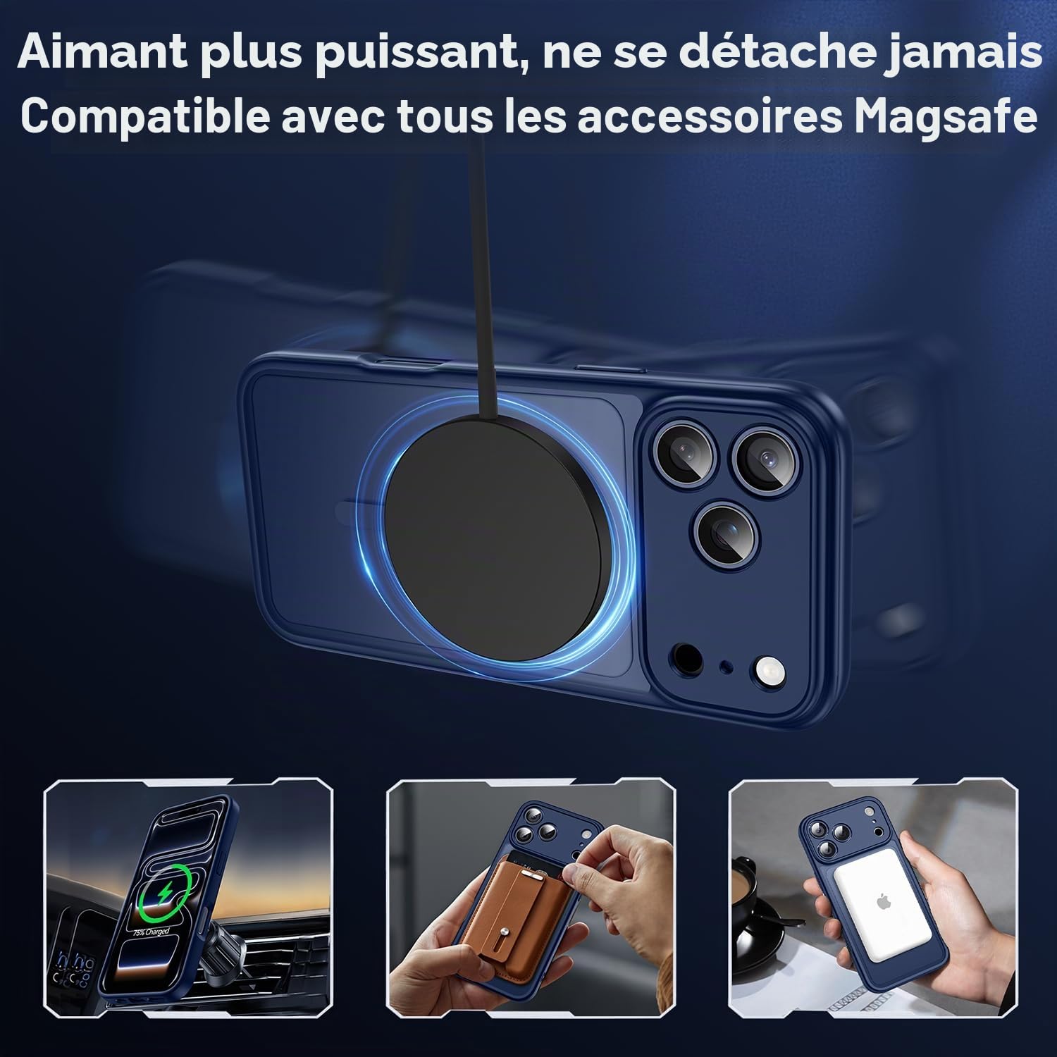Helssitot Coque Magnétique pour iPhone 17 Pro Max avec 2 Verre Trempé Anti-Espion, Compatible avec MagSafe, Étui Mat Translucide Arrière Housse Antichoc Anti-Rayures pour iPhone 17 Pro Max, Bleu foncé