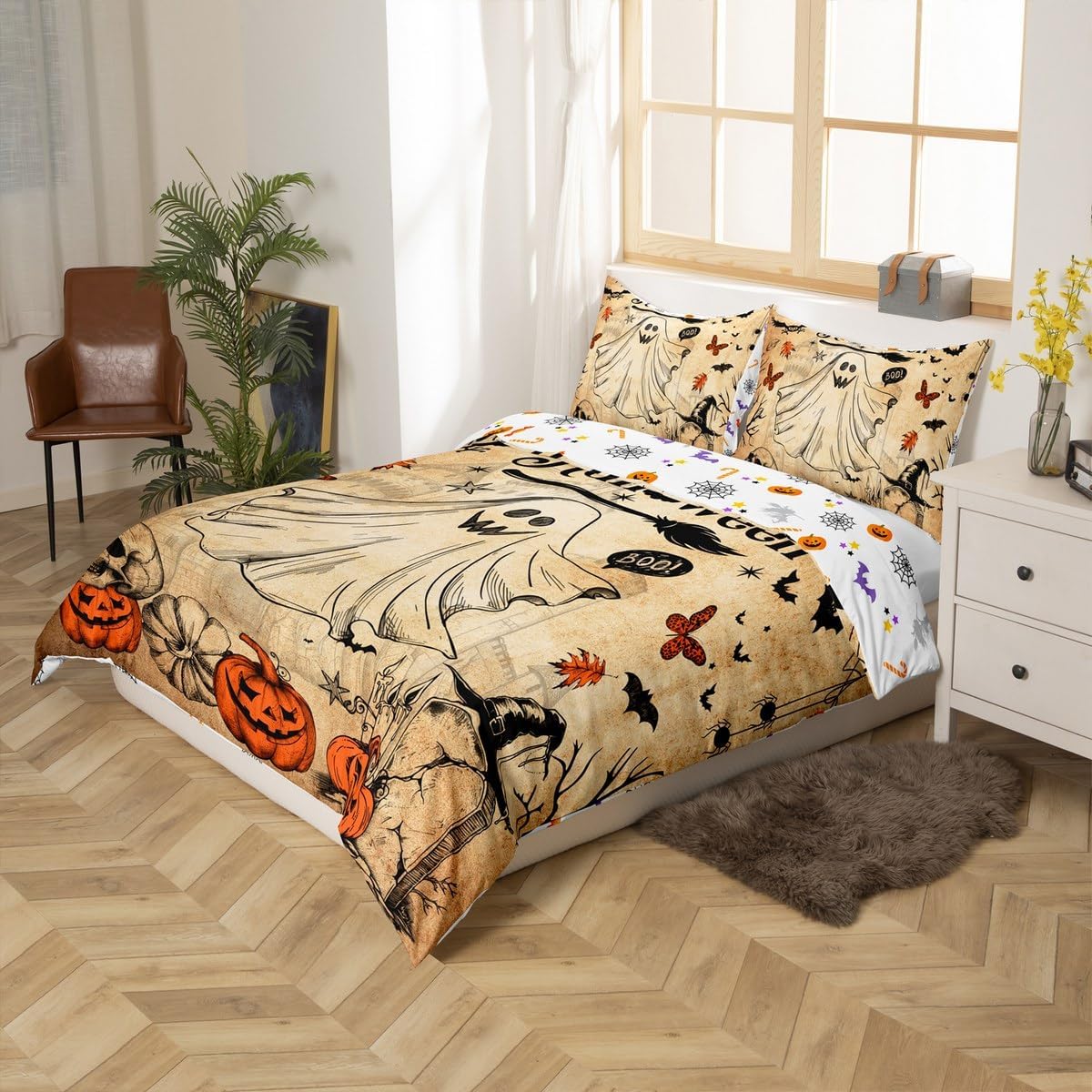 Cute Ghost Duvet Cover Set Queen Size for Kids Boys Girls,Pumpkin Lantern Sugar Skull Bedding Set,Halloween Bat Spider Web Comforter Cover Teens Vintage Brown Rustic Quilt Cover Bedroom Decor 3Pcs