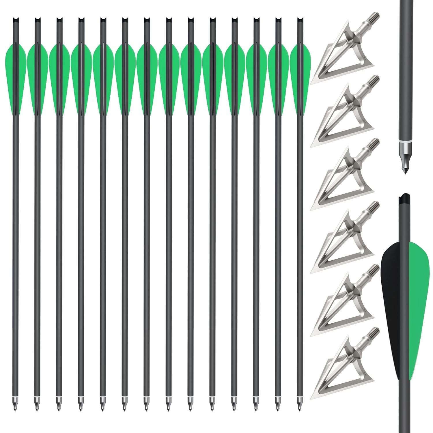 14-Pack 21" Carbon Crossbow Bolts with 6 Removable 100 Grain Broadheads, 420 Stainless Steel Tips, 4" Shield Vanes & Screw-in Tips for Target & Outdoor Practice 14+6 Kit