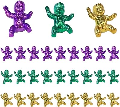Wudaizhi 30 Pcs King Cake Babies, Mardi Gras Babies for King Cake Bulk, Metallic Purple Green Gold Tiny Plastic Baby for Mardi Gras Baby Shower Decorations Ice Cube Game Party