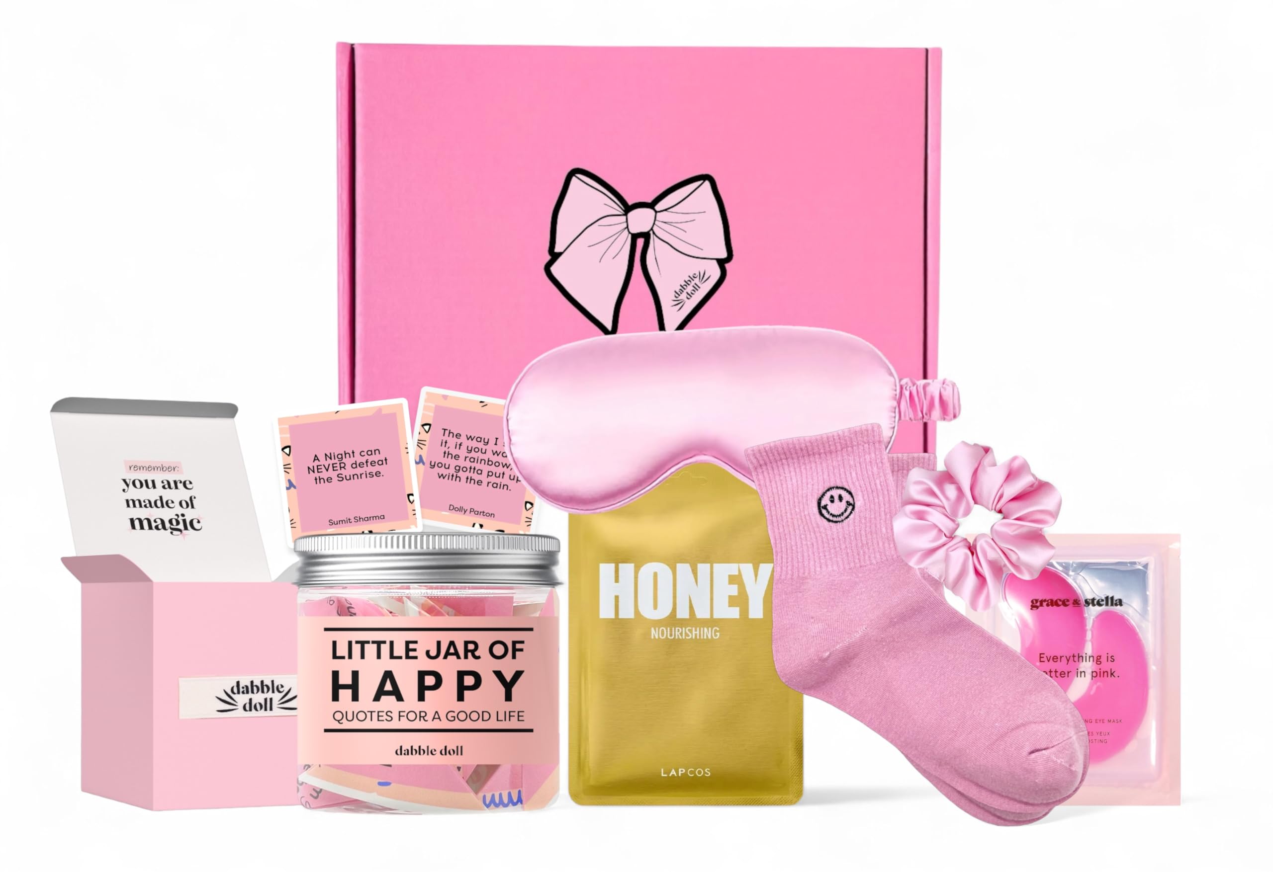 Happy Gift Set – Spa Pamper Kit, Smile Socks, Motivational Gift Box with Uplifting Quotes, Silly Sleep Mask | Self-Care Gift Box for Women, Mother's Day (Premium Gift Set)
