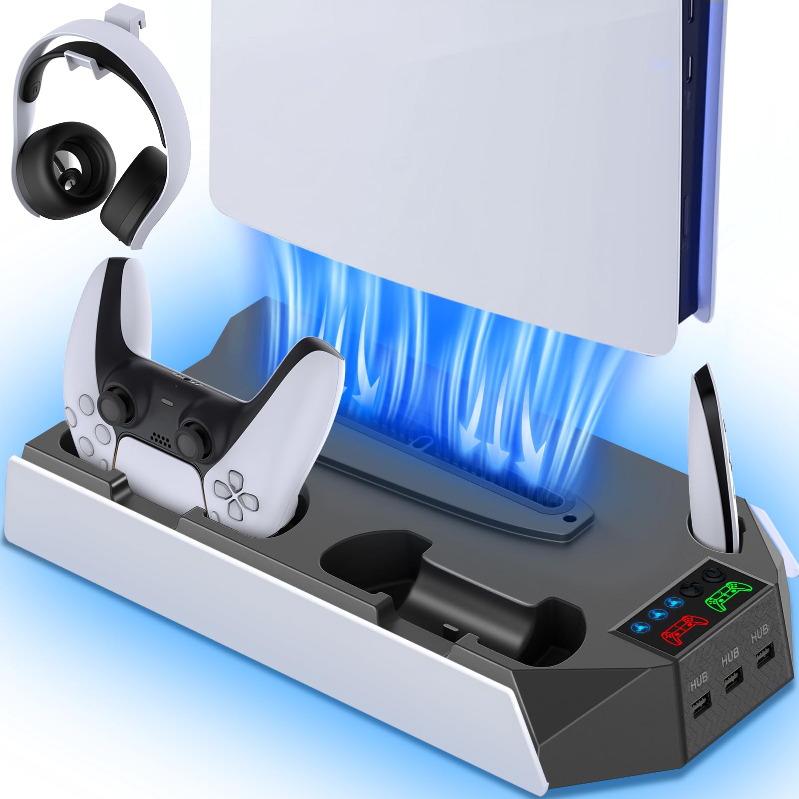 PS5/Slim/Pro Cooling Station with Controller Charging Station for PlayStation 5/Slim/Pro Console, PS5 Stand with Cooling Fan - Accessories Incl Headset Holder, 3 USB Hub,White & Black - 1