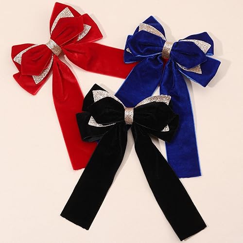 Miniatura 6 de 8 lazos de terciopelo en capas para el cabello para mujeres y niñas, pinzas para el cabello de 5 pulgadas, lazos largos negros con purpurina,