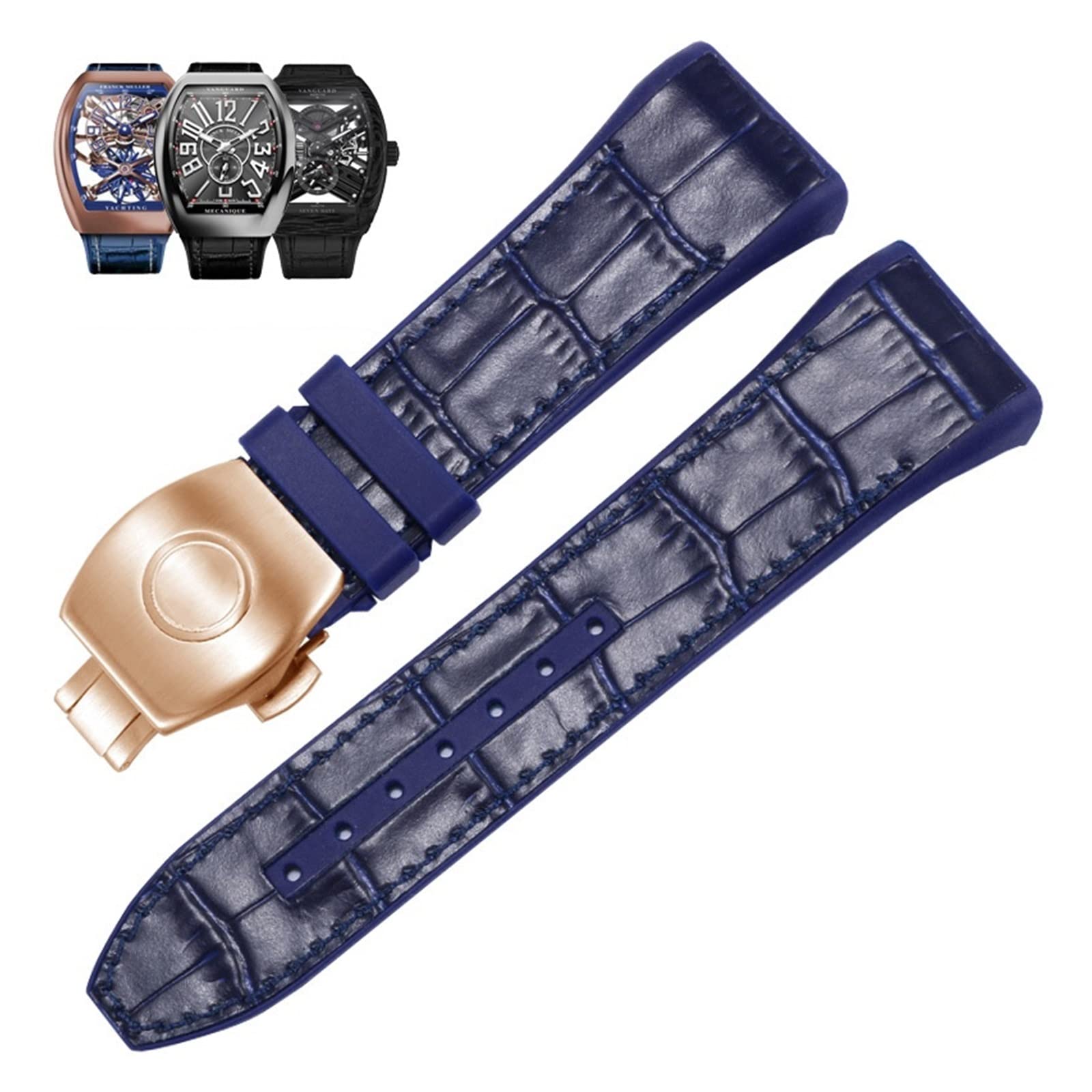 BIK Correa de reloj de silicona de cuero genuino de nailon de 28 mm, correa de reloj con hebilla plegable azul negra para Franck Muller V45 Series correas de reloj (azul-negro)