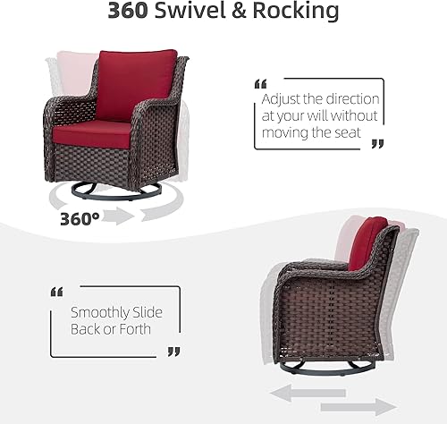 Miniatura 5 de Juego de 3 piezas de mimbre giratorio para patio, mecedora giratoria de 360 grados, elegante juego de mimbre para patio, bistró con mesa auxiliar